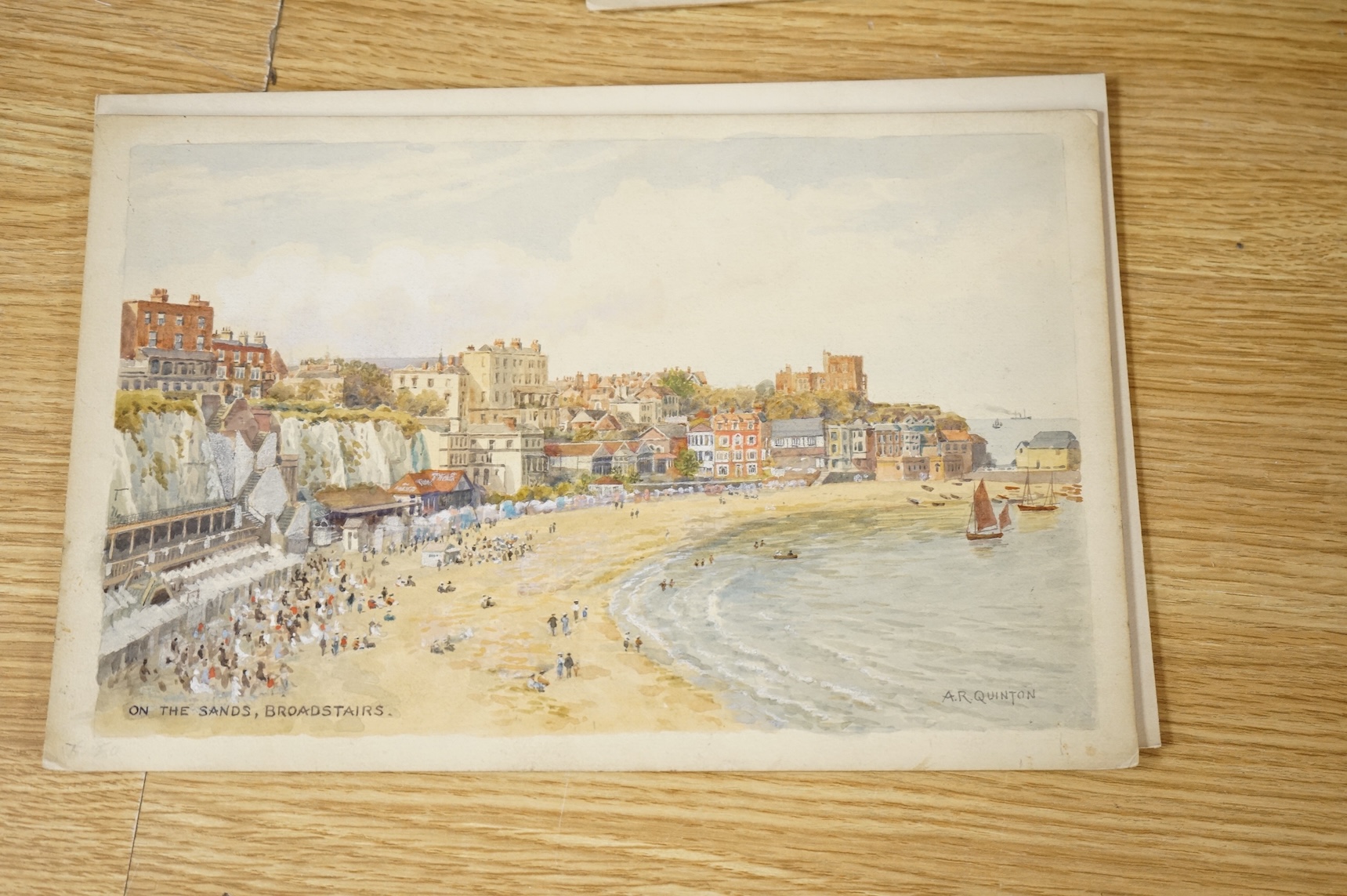 Alfred Robert Quinton (1853-1934), a set of six original watercolours for postcard designs to include St Mildred’s Bay, Westgate on Sea, On the Sands, Broadstairs and Ramsgate, each signed, unframed, 19 x 30cm